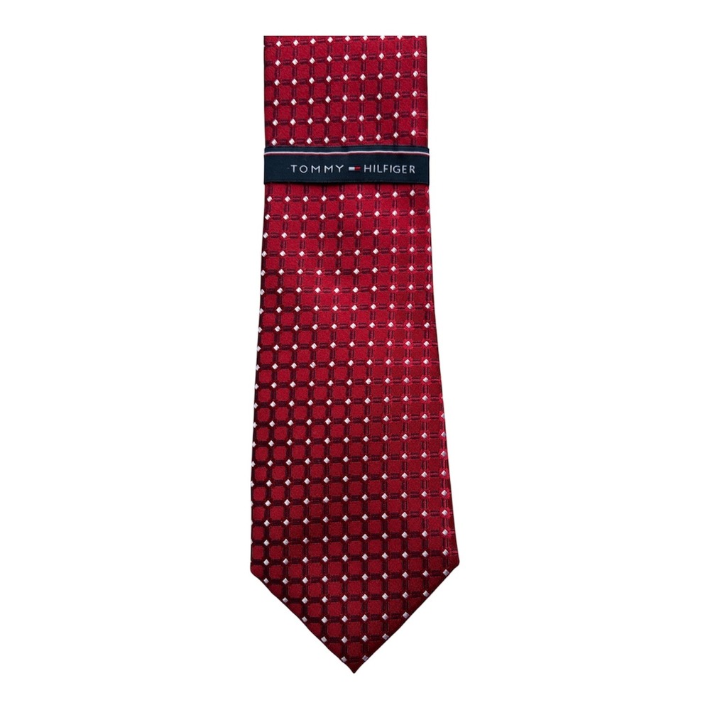 Tommy Hilfiger Mens Red Silk Geometric Square Dot Pattern Necktie 58x3.5